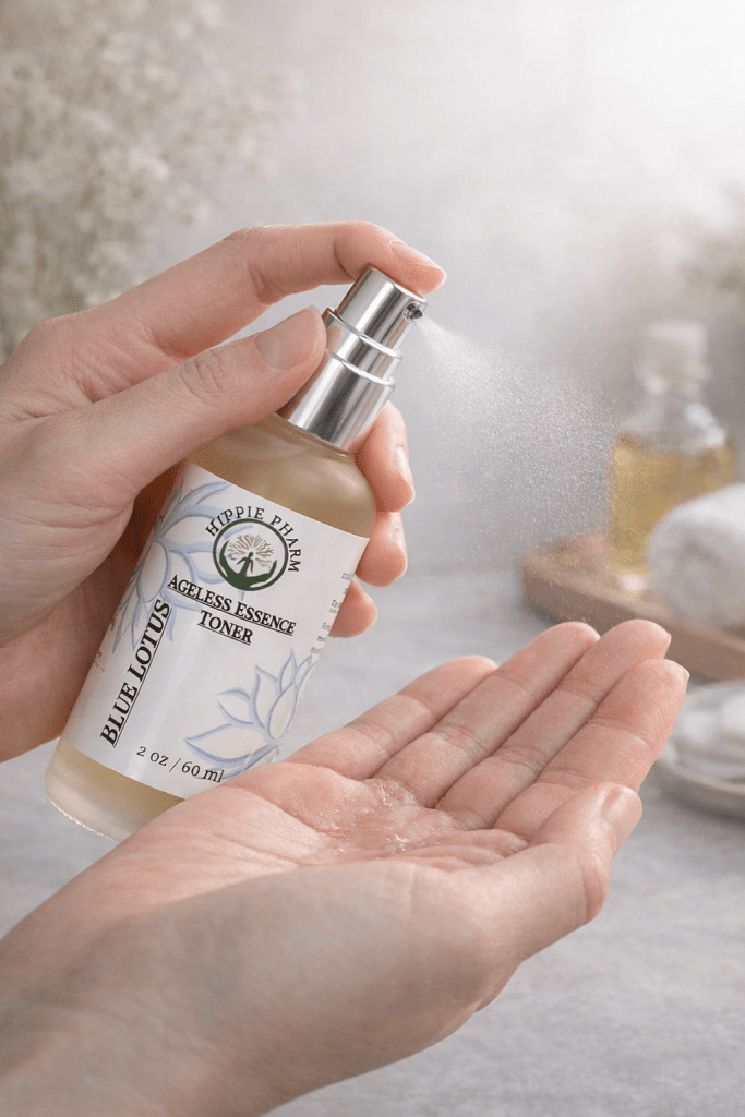 Applying Blue Lotus essence toner as part of skincare routine